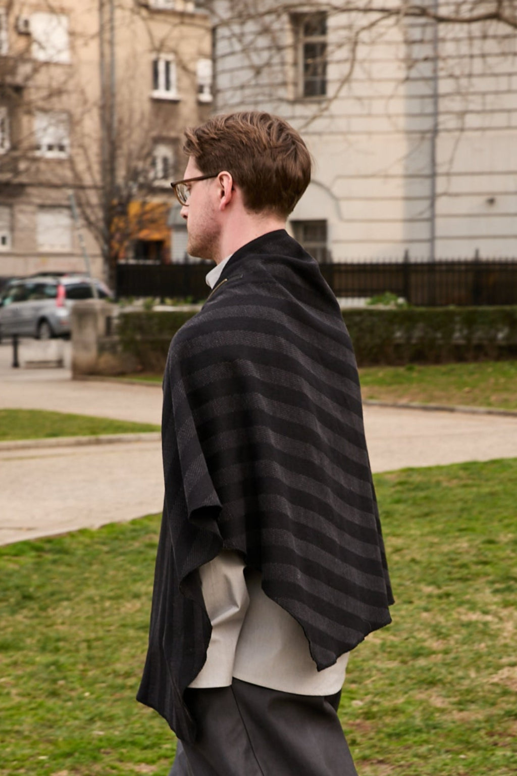Patternalism pattern #0101 cape – backside view, male model