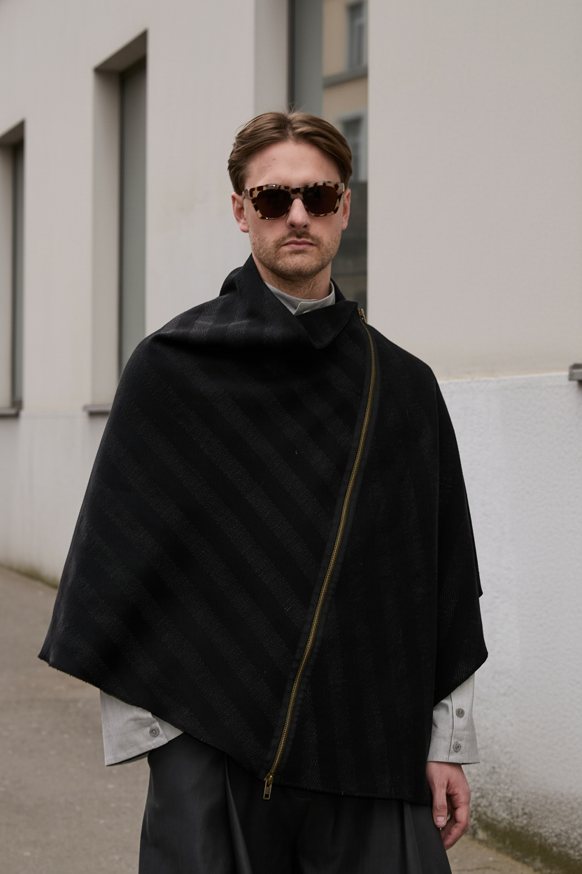 Cape made from Patternalism sewing pattern #0101 – front view, male model