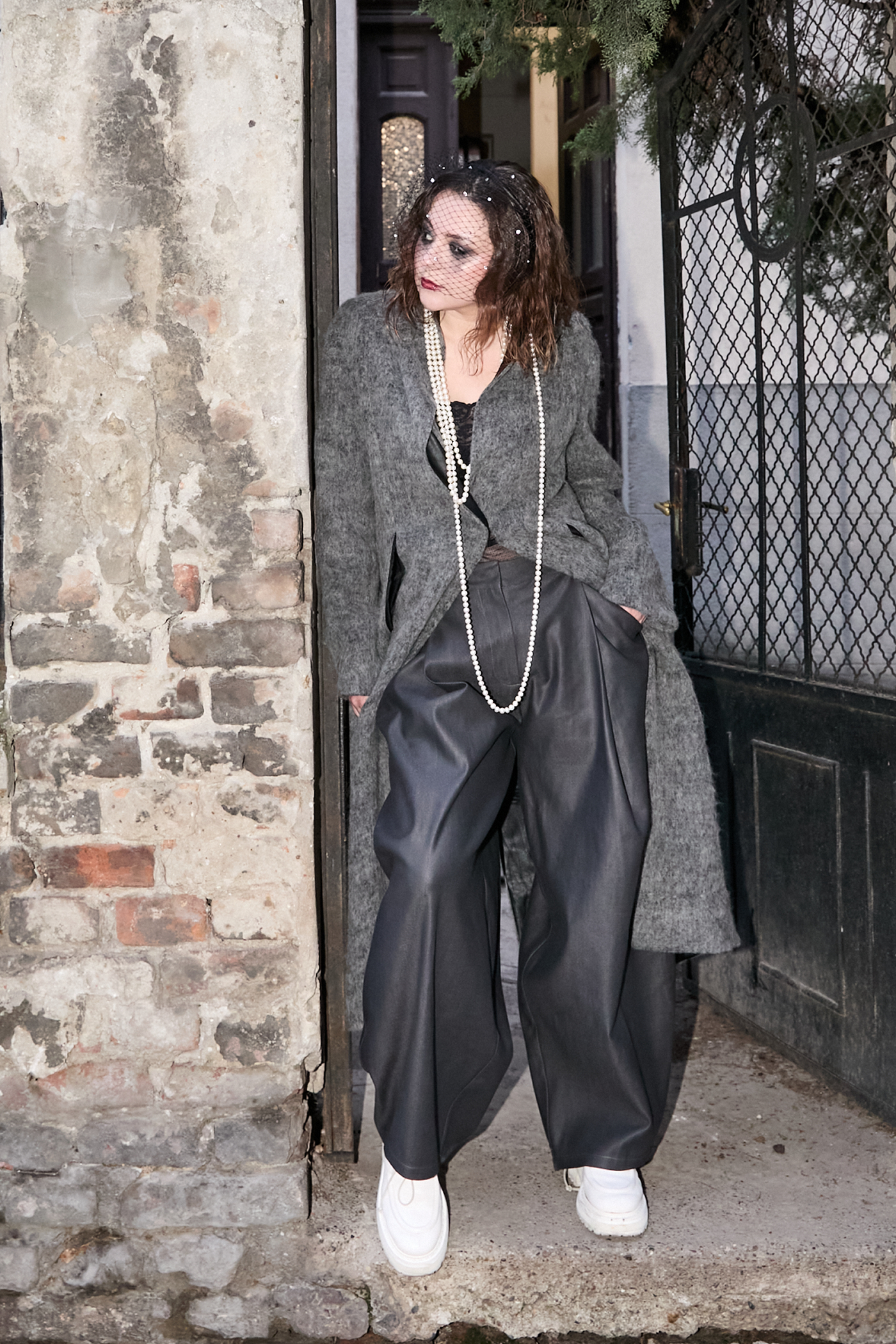 Women coat #0105 paired with pleated pants #0103 made from Patternalism sewing patterns