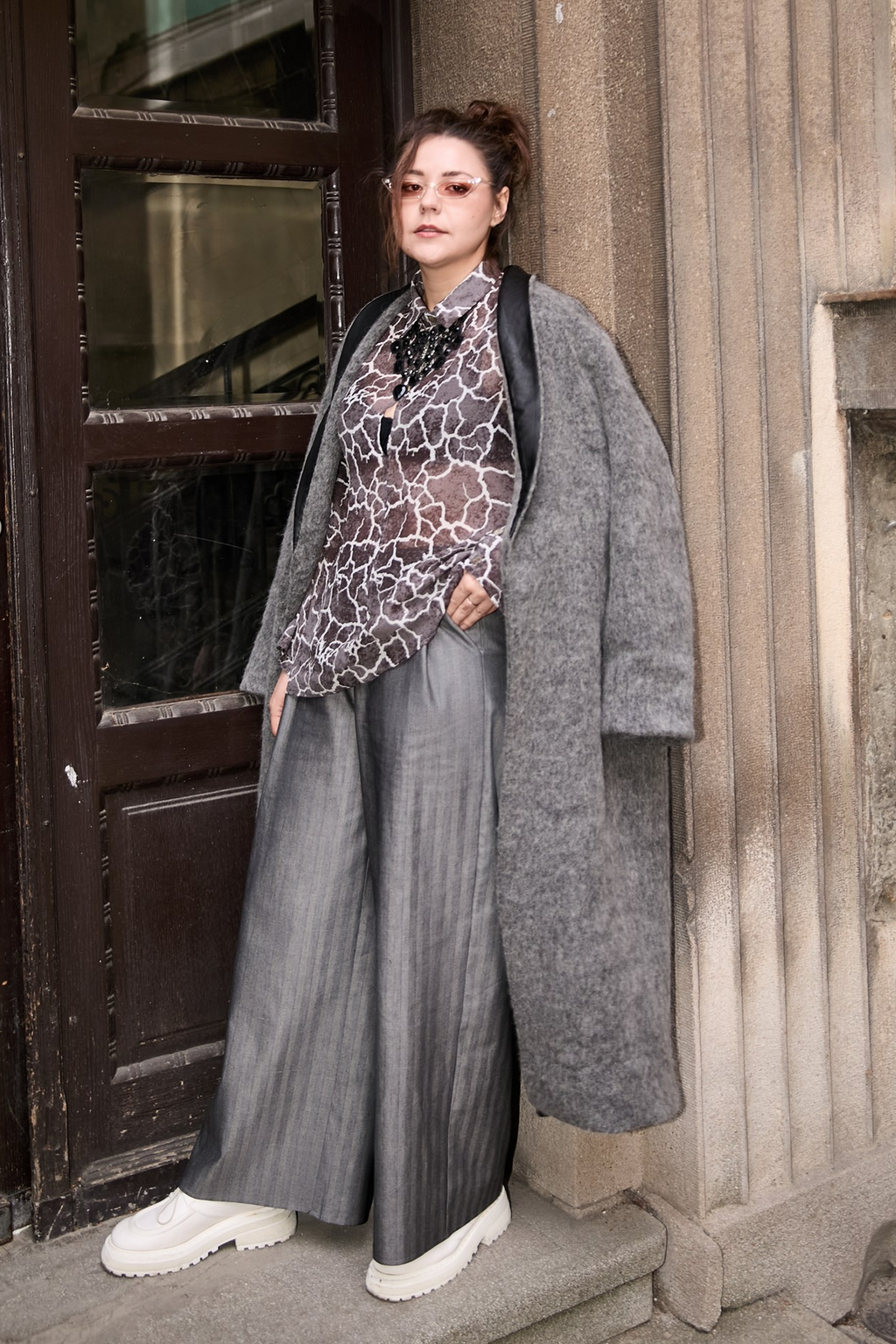 Frontside view of women coat from Patternalism sewing pattern #0105