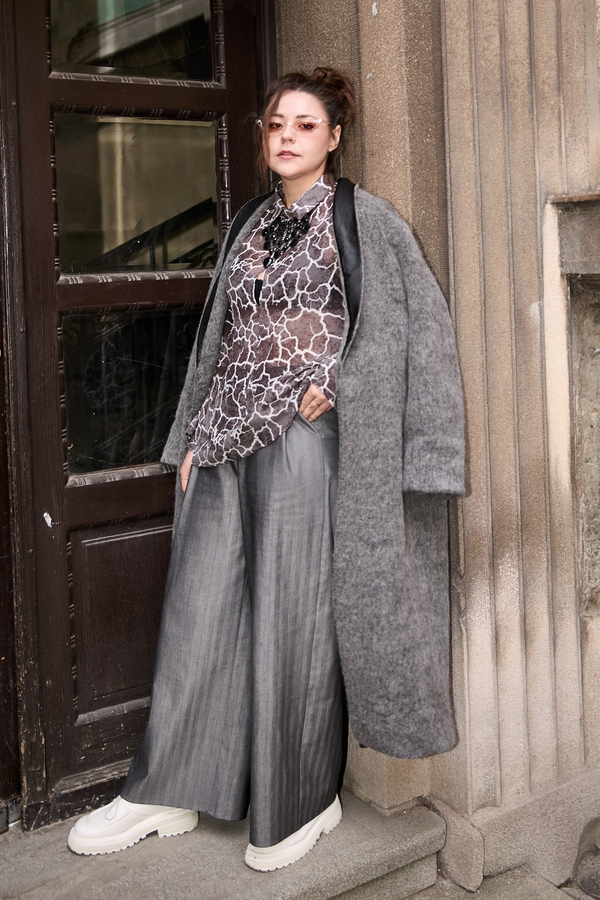 Frontside view of women coat from Patternalism sewing pattern #0105