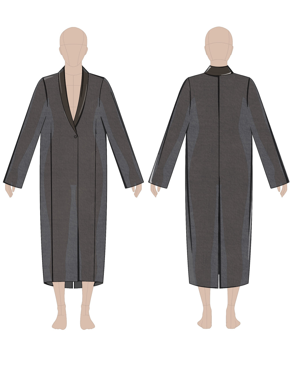 Women's coat sewing pattern 0105 – technical flat sketch, front and back view, EU sizes 36–46