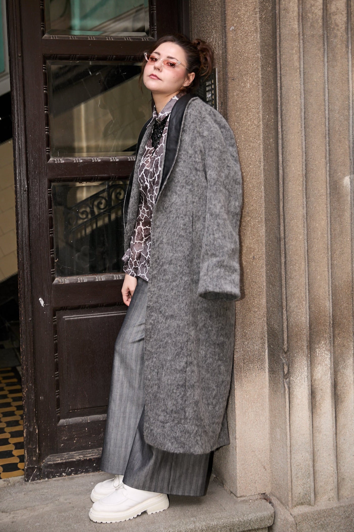 Side view of unbuttoned women coat from Patternalism sewing pattern #0105