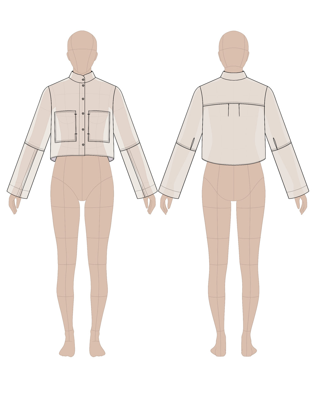 Women's cropped shirt sewing pattern 0205 – technical flat sketch, front and back view, EU sizes 36–46