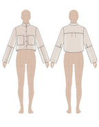 Women's cropped shirt sewing pattern 0205 – technical flat sketch, front and back view, EU sizes 36–46
