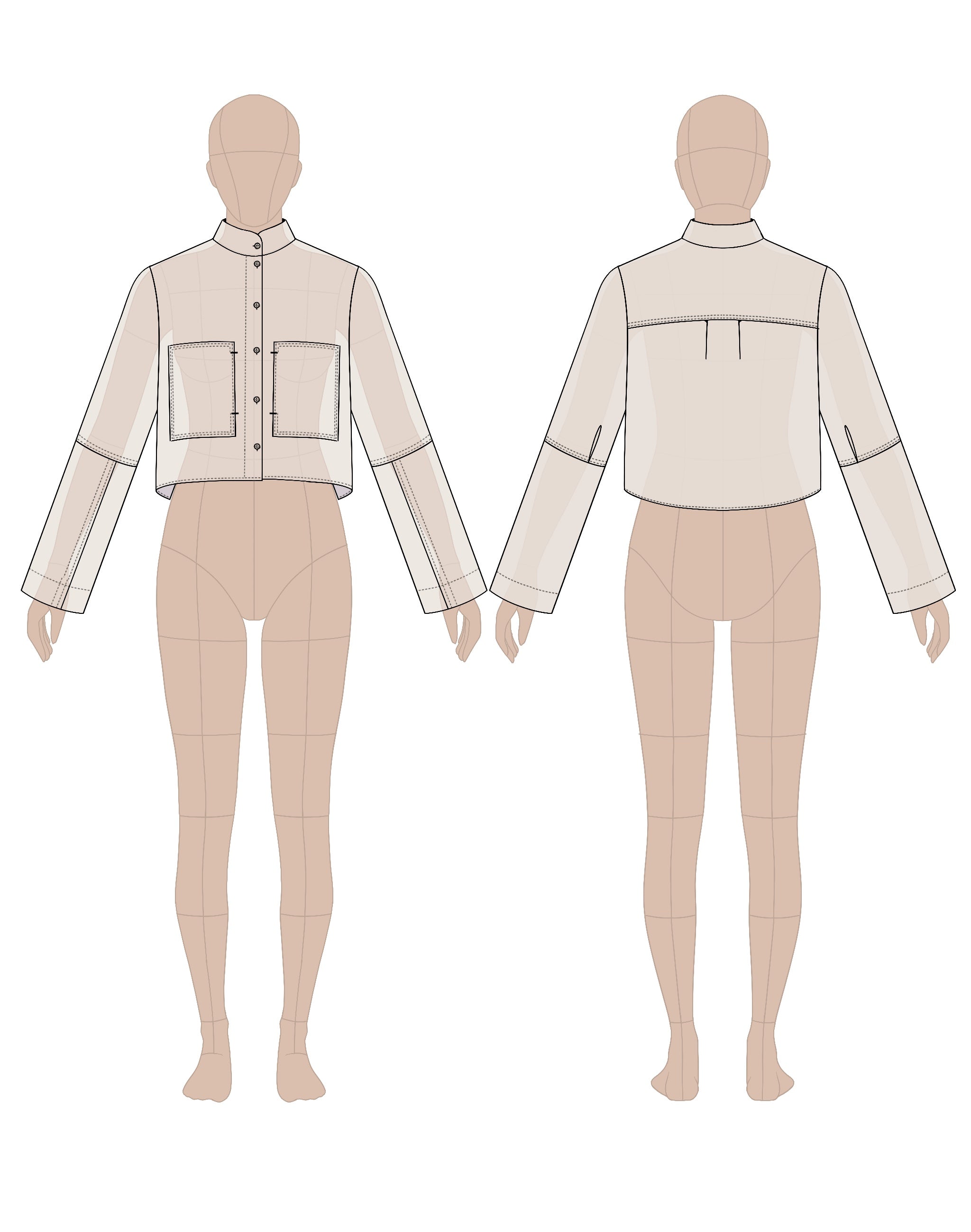 Women's cropped shirt sewing pattern 0205 – technical flat sketch, front and back view, EU sizes 36–46