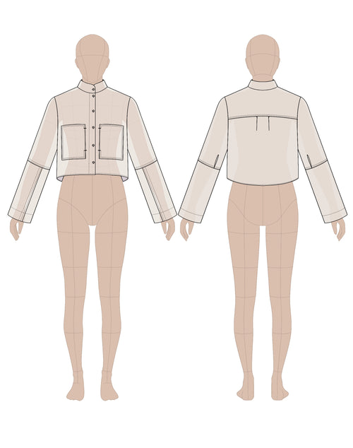 Women's cropped shirt sewing pattern 0205 – technical flat sketch, front and back view, EU sizes 36–46