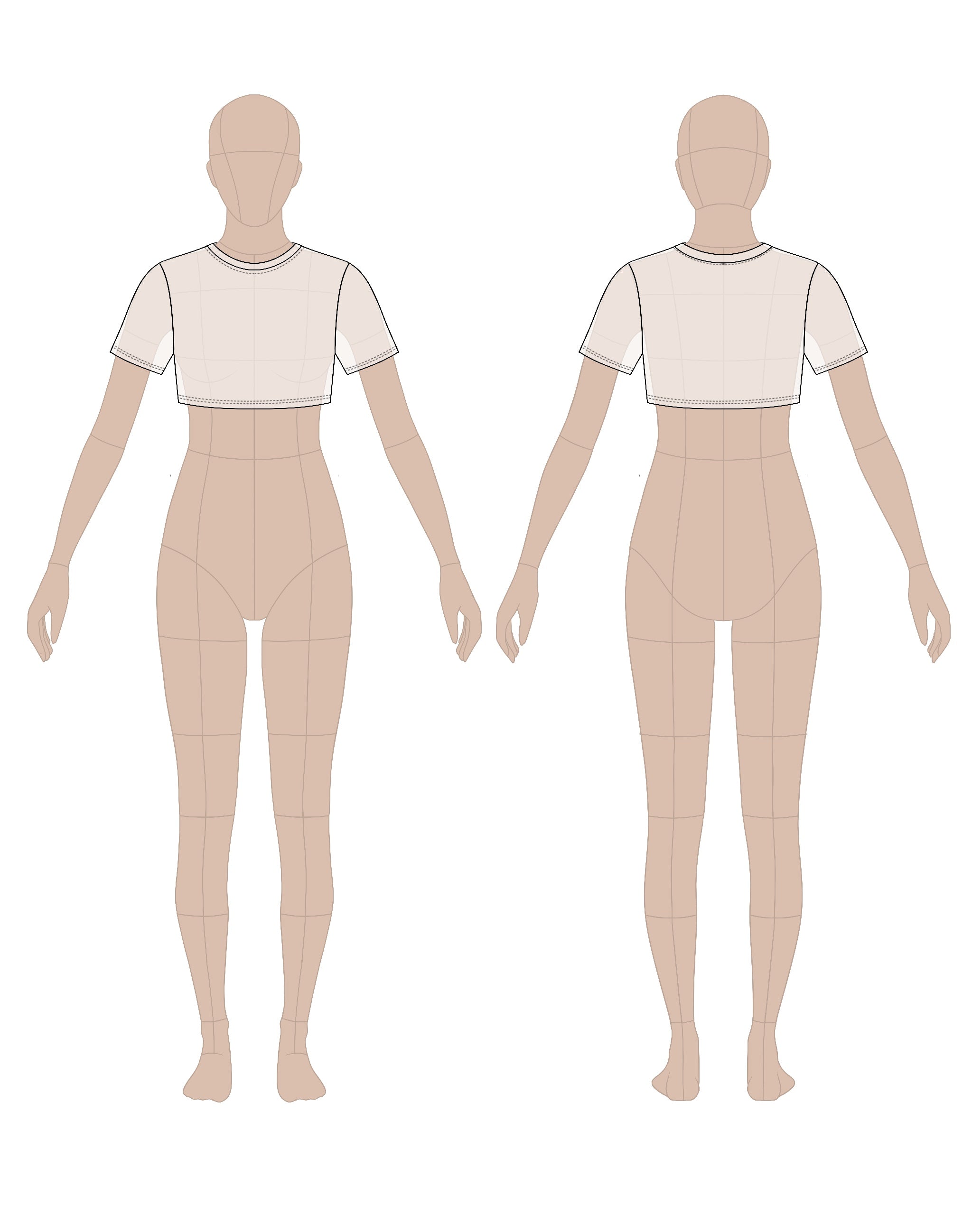 Women's cropped t-shirt sewing pattern 0207 – technical flat sketch, front and back view, EU sizes 36–46