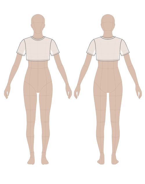Women's cropped t-shirt sewing pattern 0207 – technical flat sketch, front and back view, EU sizes 36–46