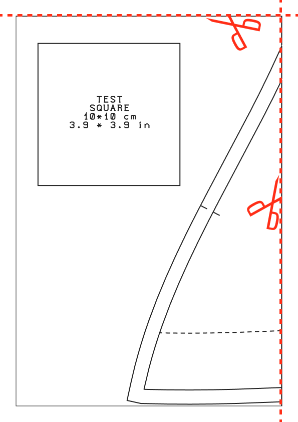 PDF sewing pattern page with 10×10 cm (3.9 x 3.9 in) test square and pattern piece layout