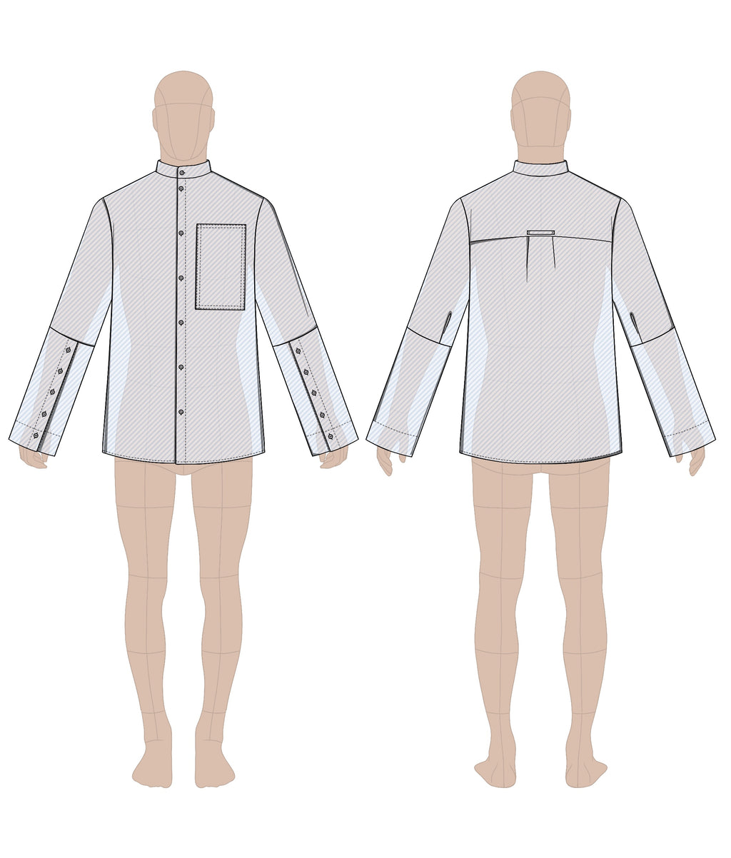 Men's shirt sewing pattern 0102 – technical flat sketch, front and back view, EU sizes 46–56