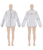 Men's shirt sewing pattern 0102 – technical flat sketch, front and back view, EU sizes 46–56