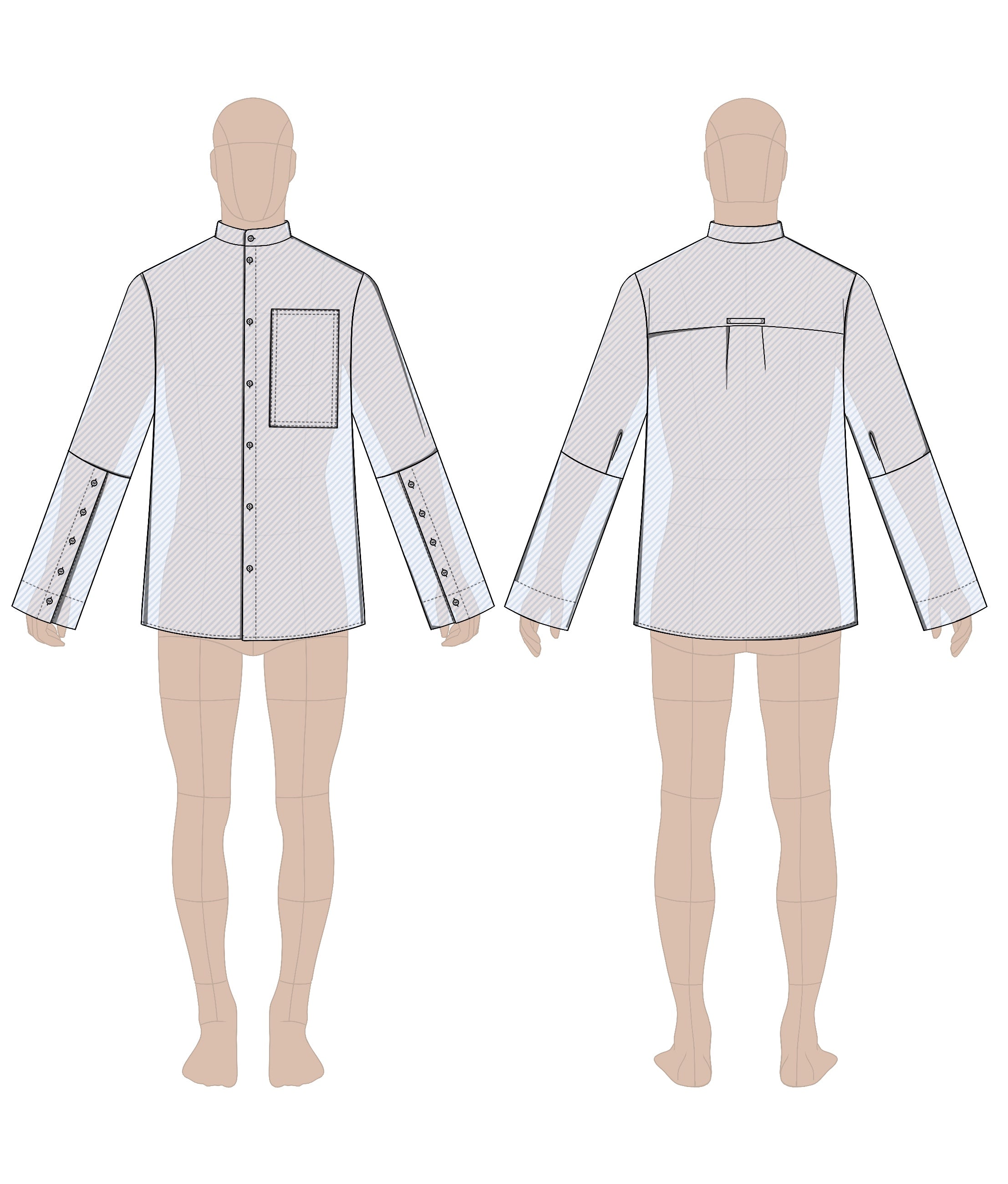 Men's shirt sewing pattern 0102 – technical flat sketch, front and back view, EU sizes 46–56