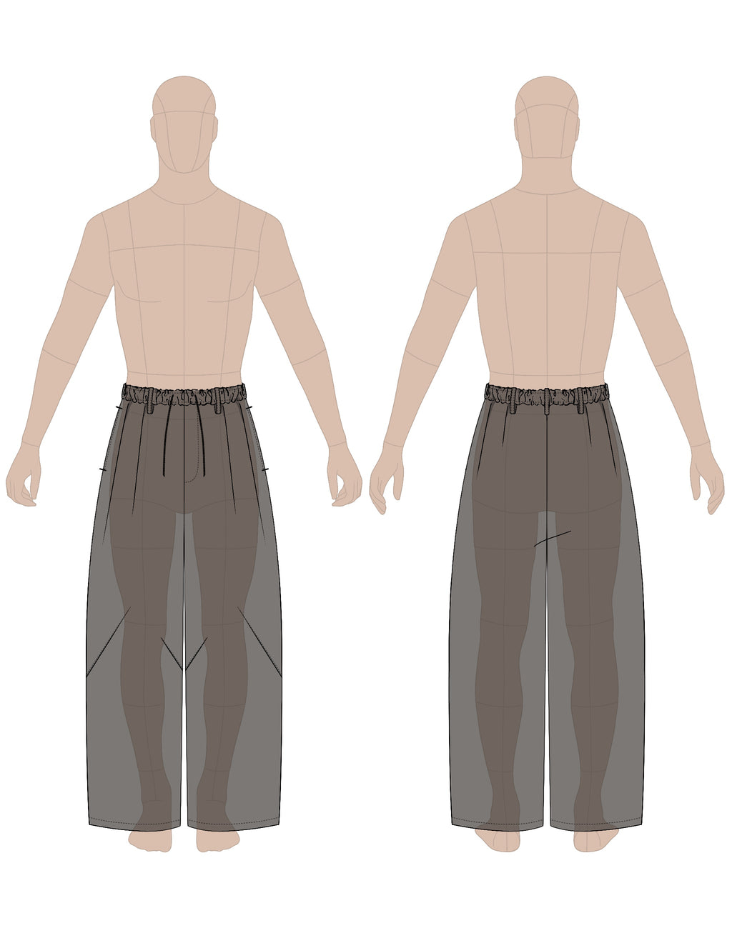 Men's Pants Sewing Pattern 0202  – technical flat sketch, front and back view, EU sizes 46–56
