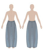 Women's pants sewing pattern 0204 – technical flat sketch, front and back view, EU sizes 36–46