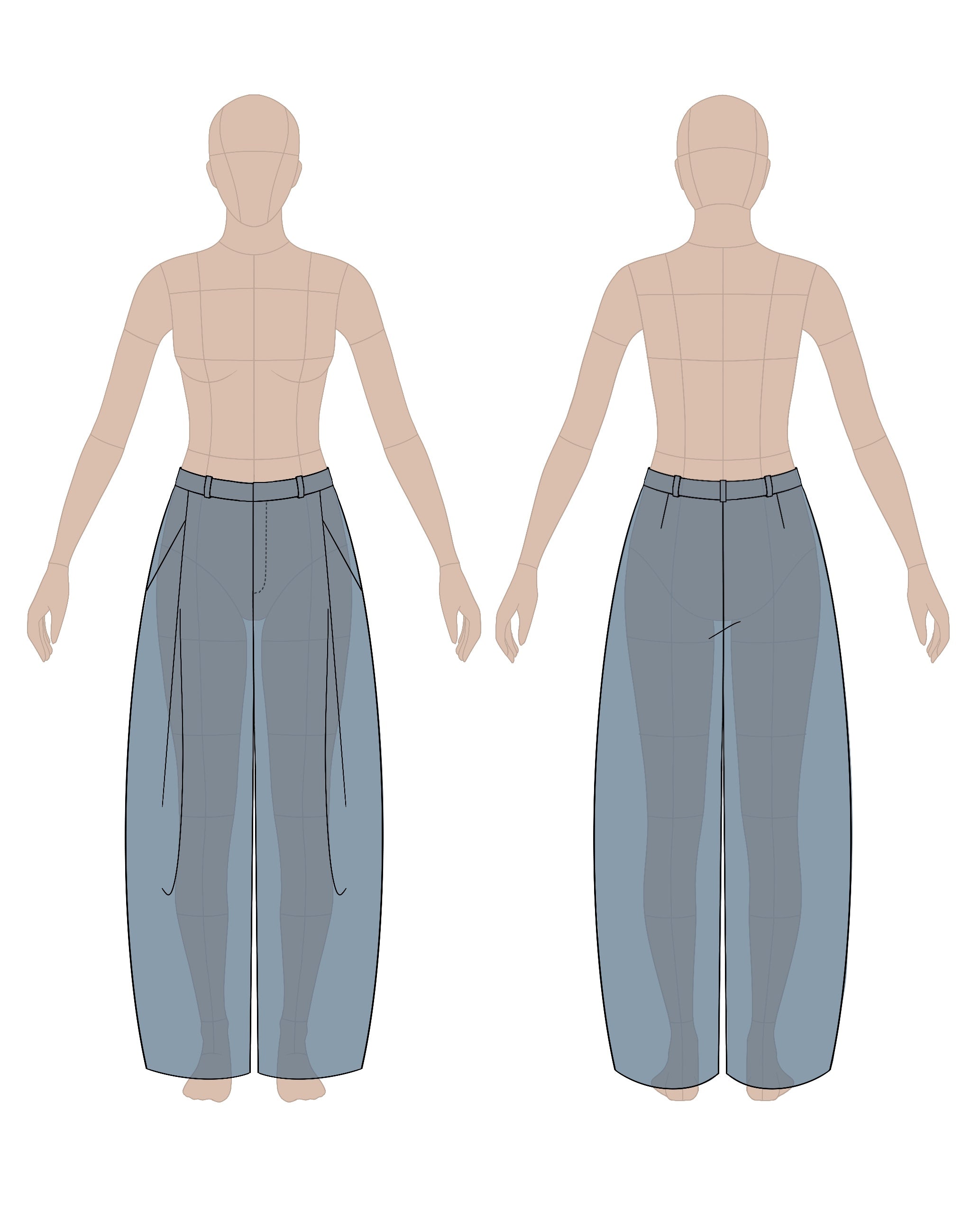 Women's pants sewing pattern 0204 – technical flat sketch, front and back view, EU sizes 36–46