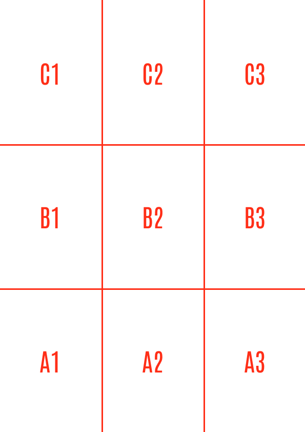 sewing pattern page layout grid with labeled tiles A1 to C3 for assembly