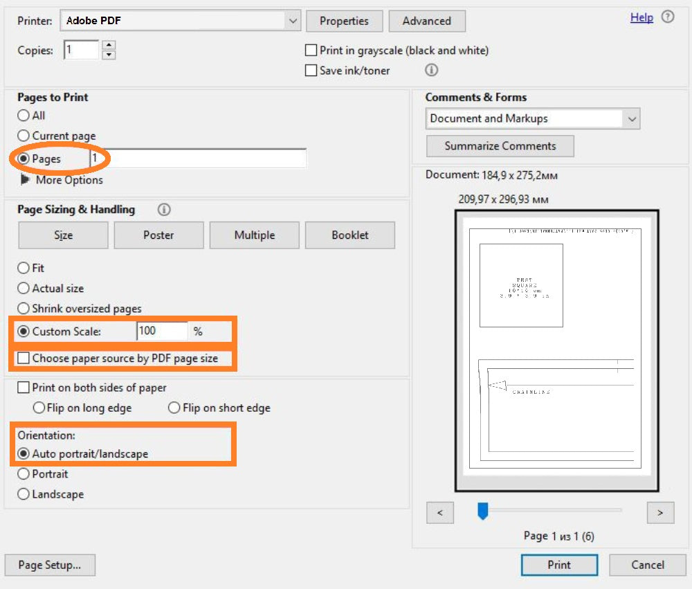 Print settings for sewing patterns with 100% scale and correct page setup