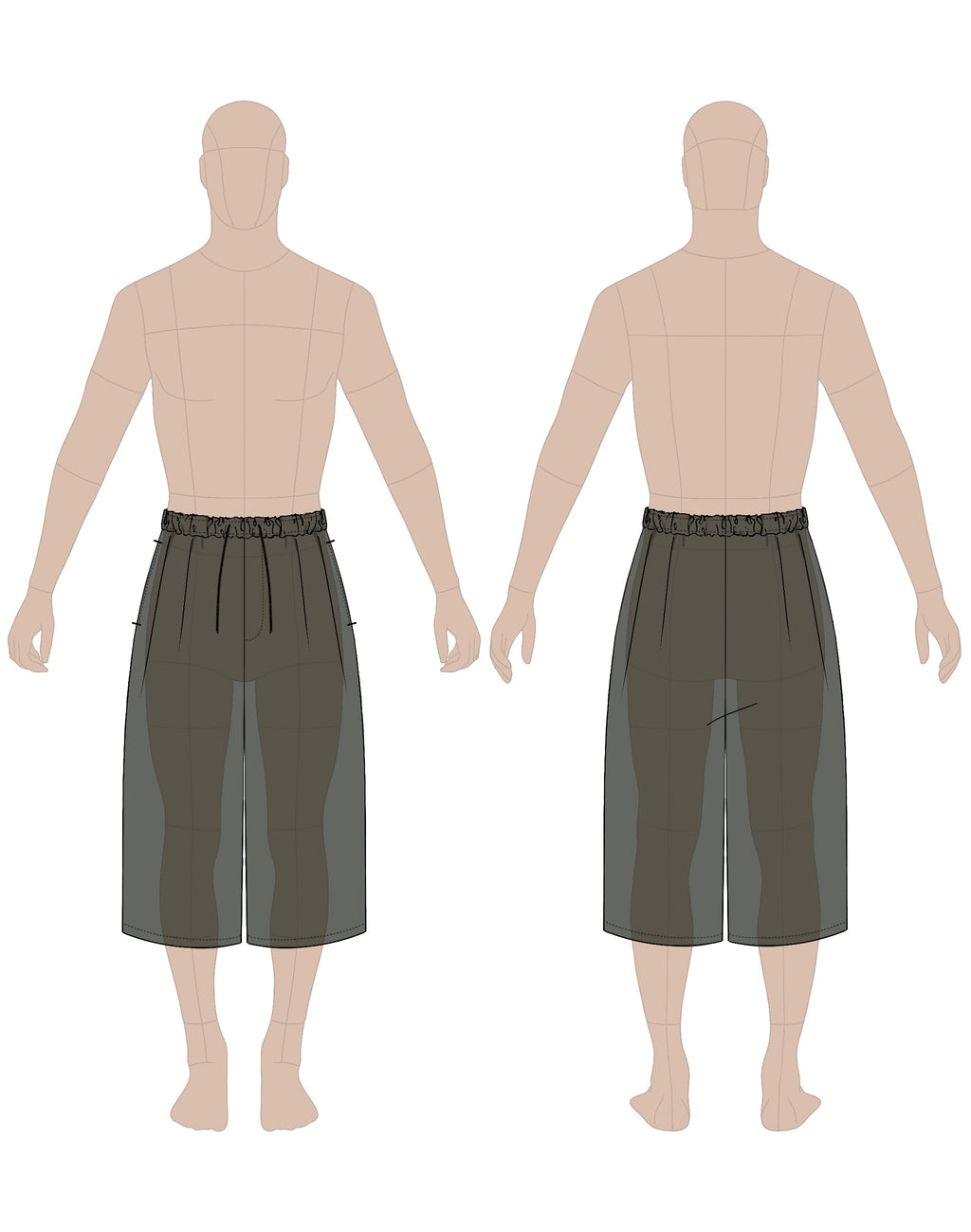 Men's shorts sewing pattern #0201  – technical flat sketch, front and back view, EU sizes 46–56