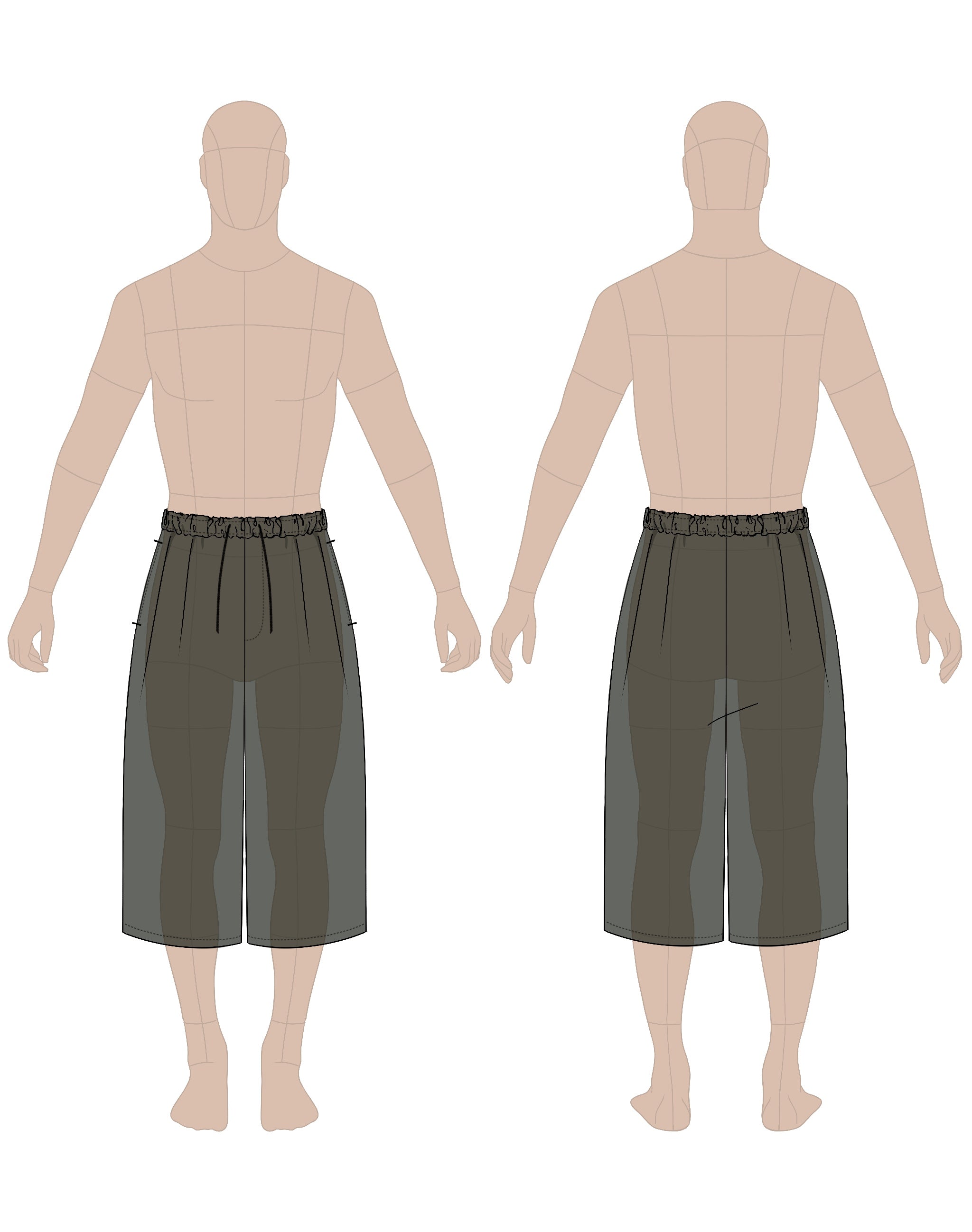 Men's shorts sewing pattern #0201  – technical flat sketch, front and back view, EU sizes 46–56