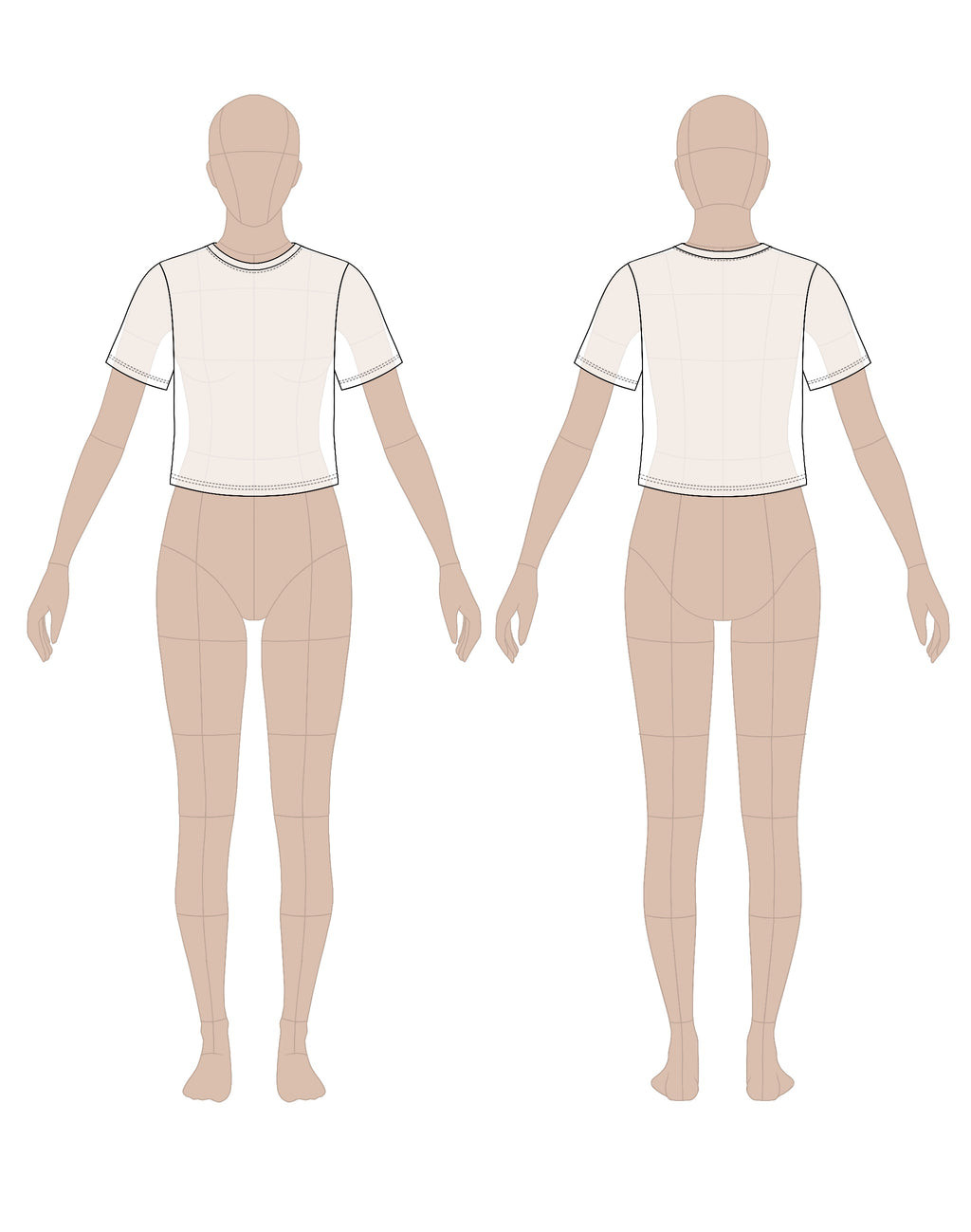 Women's t-shirt sewing pattern 0206 – technical flat sketch, front and back view, EU sizes 36–46