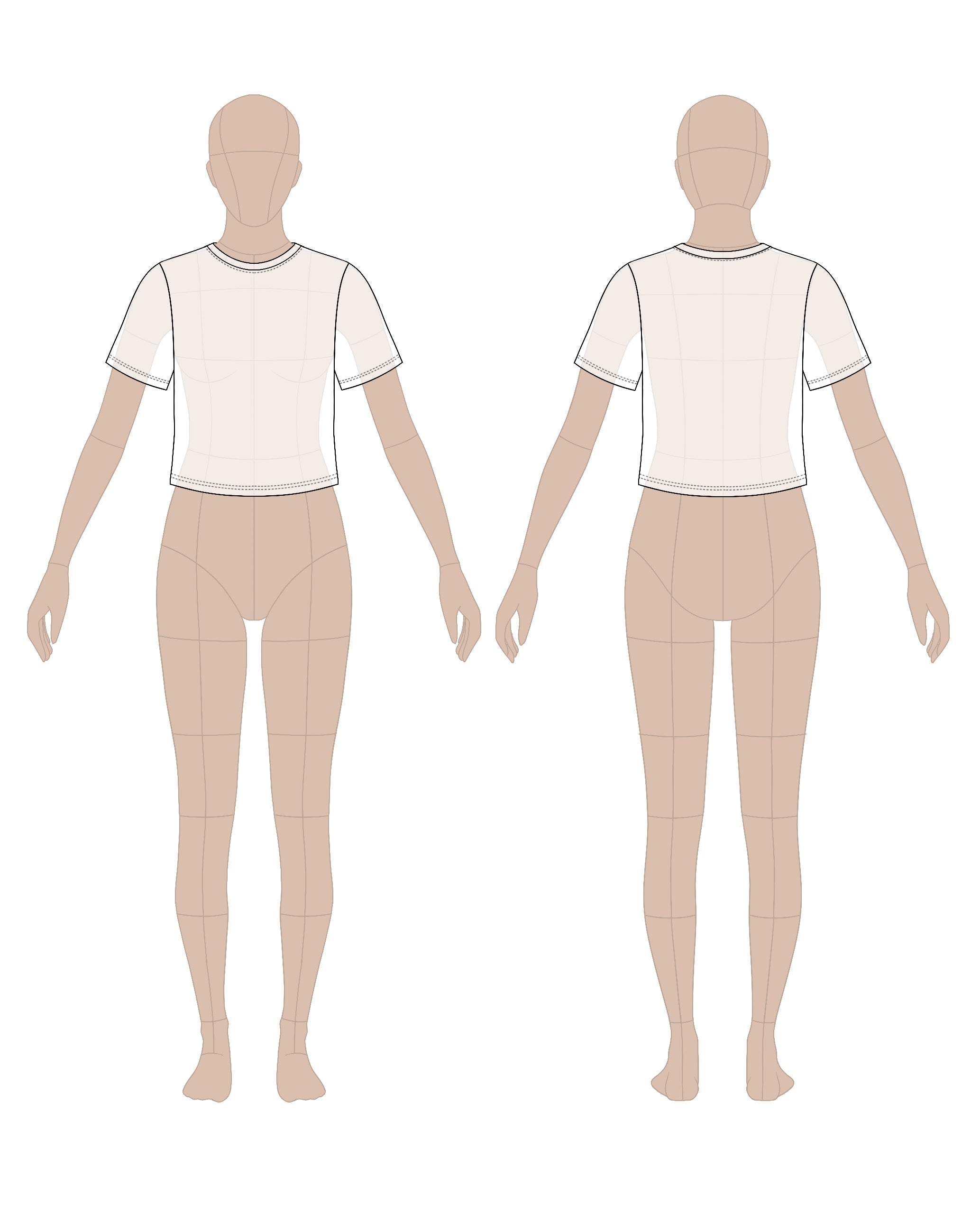 Women's t-shirt sewing pattern 0206 – technical flat sketch, front and back view, EU sizes 36–46