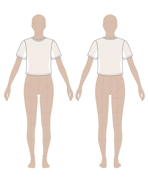 Women's t-shirt sewing pattern 0206 – technical flat sketch, front and back view, EU sizes 36–46