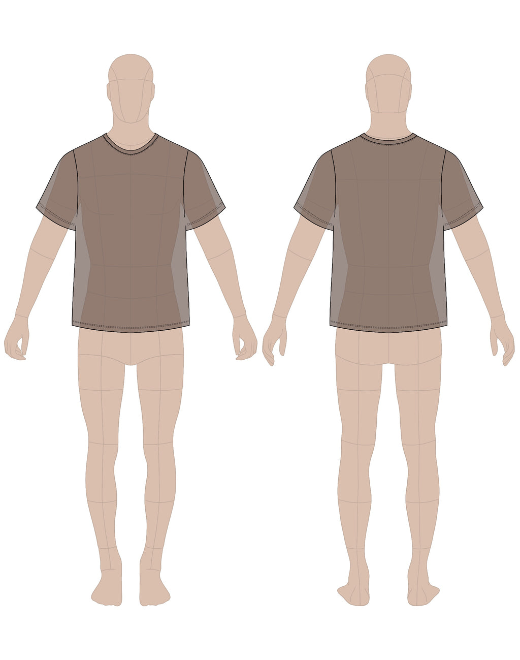 Men's t-shirt sewing pattern 0203 – technical flat sketch, front and back view, EU sizes 46–56