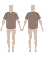 Men's t-shirt sewing pattern 0203 – technical flat sketch, front and back view, EU sizes 46–56