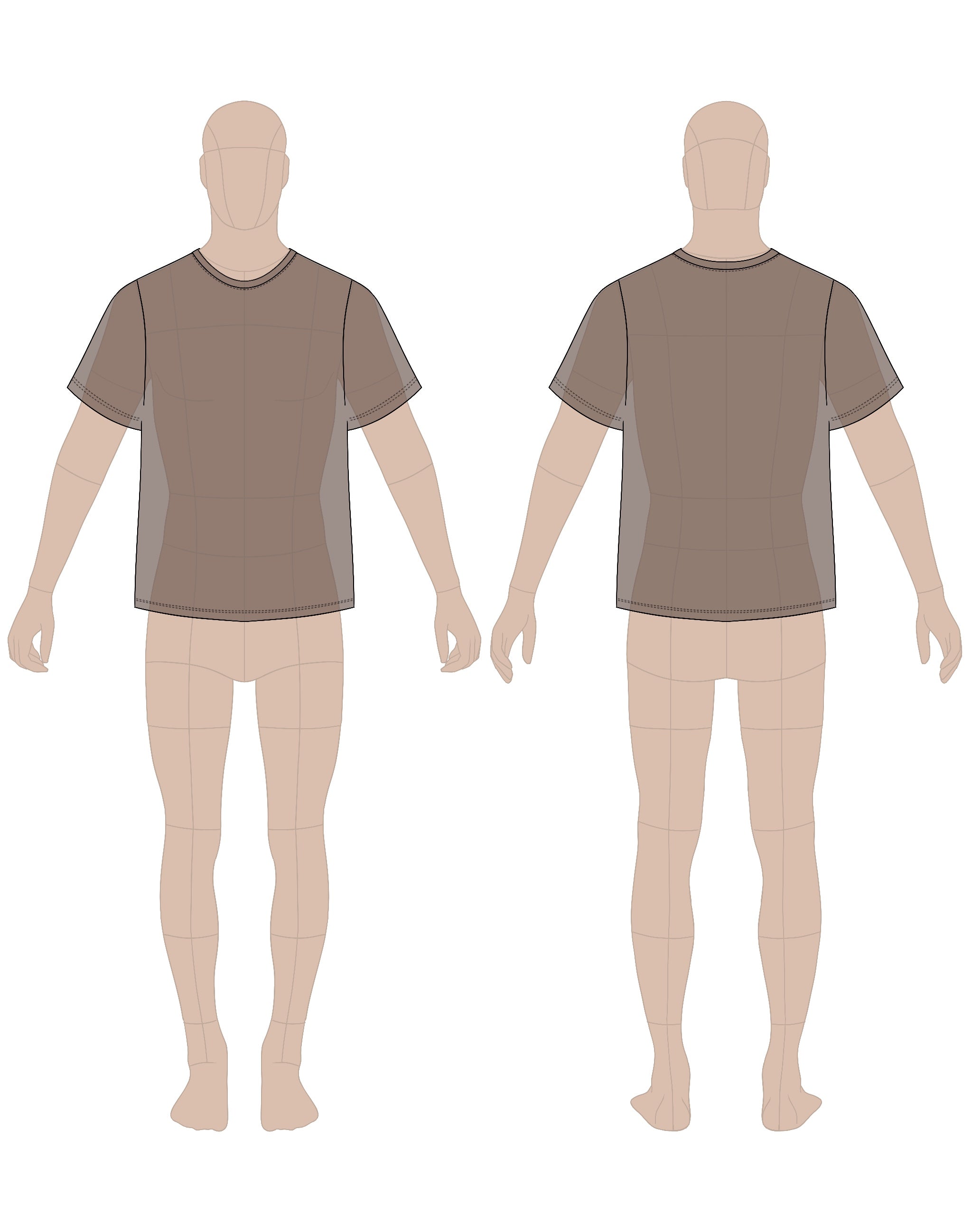Men's t-shirt sewing pattern 0203 – technical flat sketch, front and back view, EU sizes 46–56
