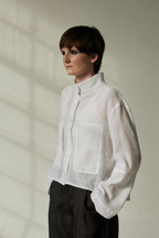 Women crop shirt made from Patternalism sewing pattern #0205 – frontside view, female model