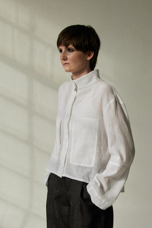 Women crop shirt made from Patternalism sewing pattern #0205 – frontside view, female model