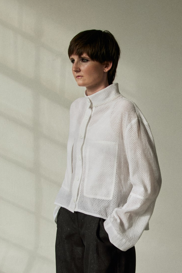 Women crop shirt made from Patternalism sewing pattern #0205 – frontside view, female model
