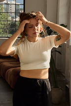 Women crop top made from Patternalism sewing pattern #0207 – front view, female model