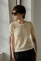 Women t-shirt made from Patternalism sewing pattern #0206 – front view, female model