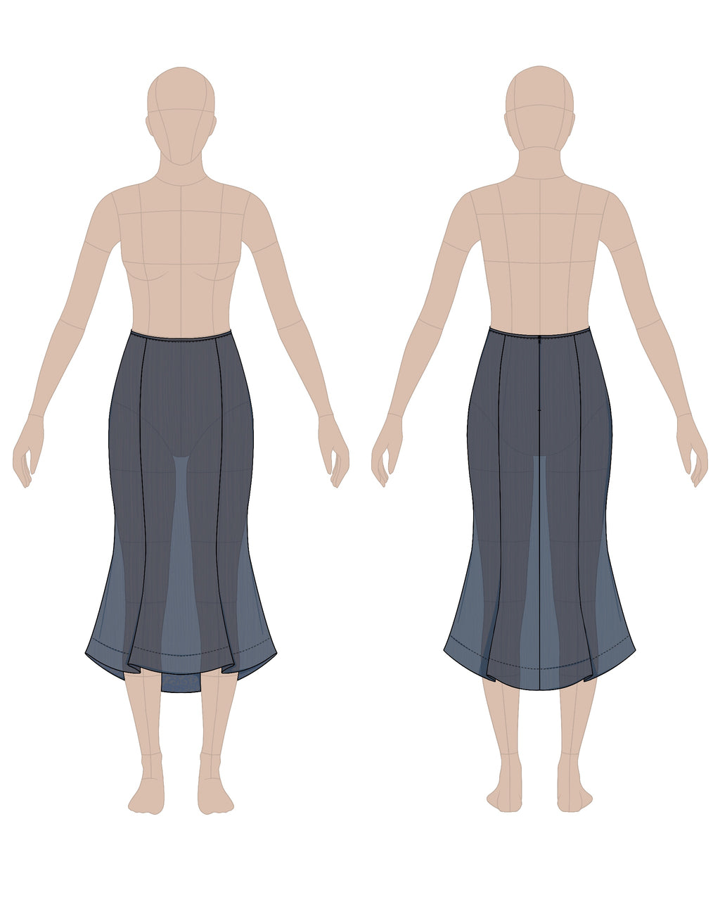 Women's godet skirt sewing pattern 0104 – technical flat sketch, front and back view, EU sizes 36–46