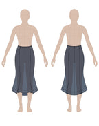 Women's godet skirt sewing pattern 0104 – technical flat sketch, front and back view, EU sizes 36–46
