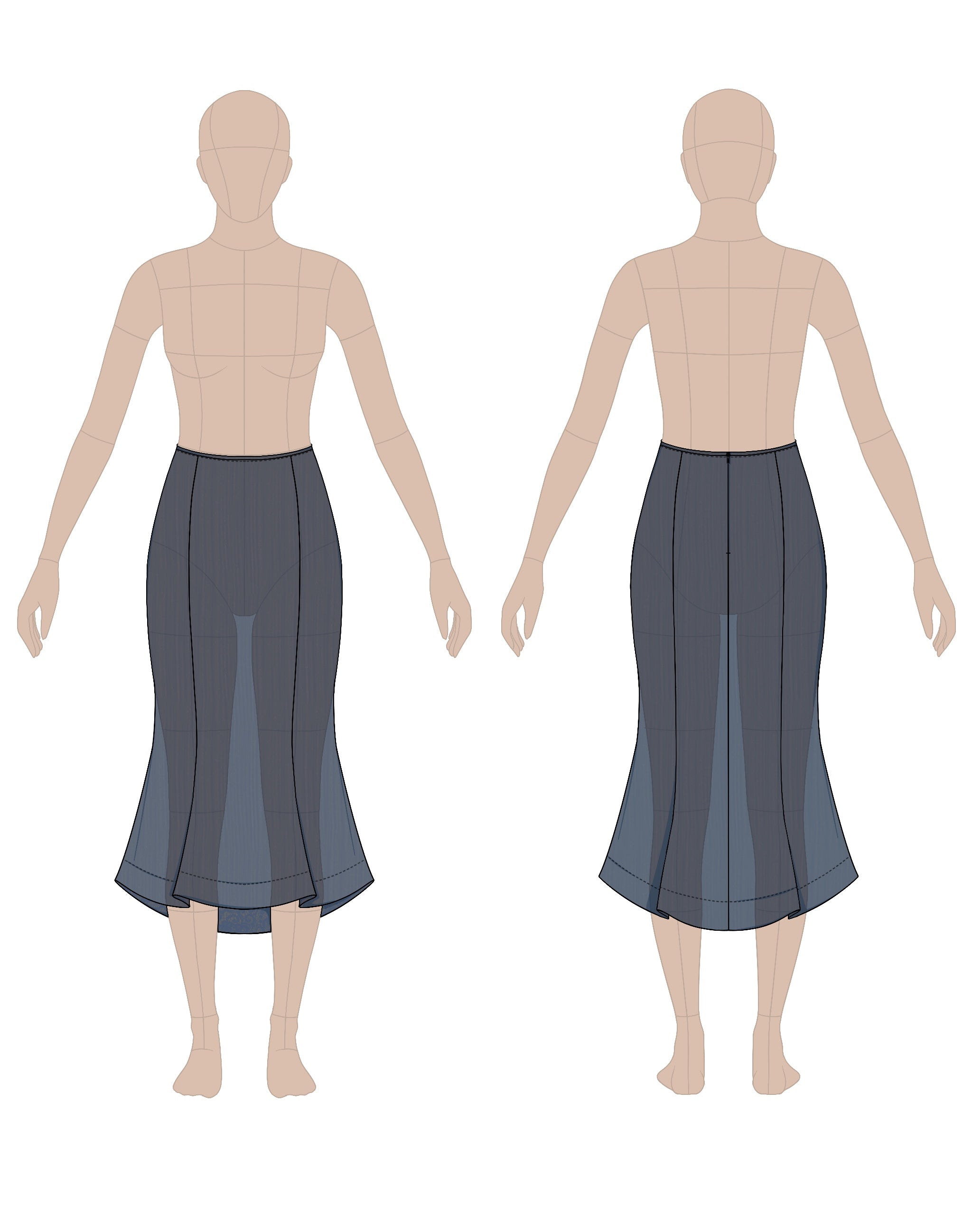 Women's godet skirt sewing pattern 0104 – technical flat sketch, front and back view, EU sizes 36–46