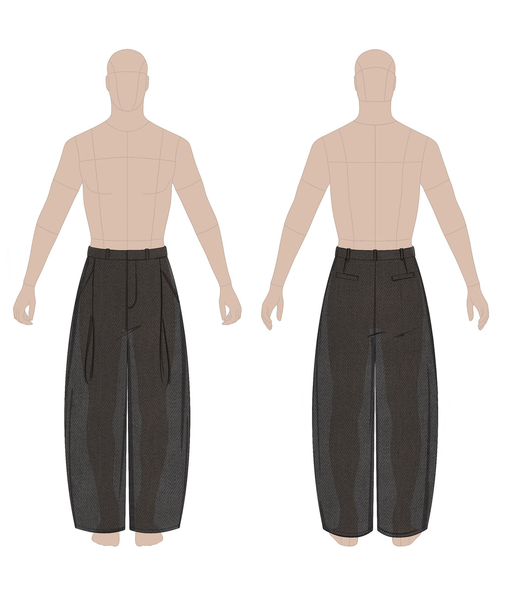 Men's pleated pants sewing pattern 0103 – technical flat sketch, front and back view, EU sizes 46–56
