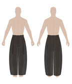 Men's pleated pants sewing pattern 0103 – technical flat sketch, front and back view, EU sizes 46–56
