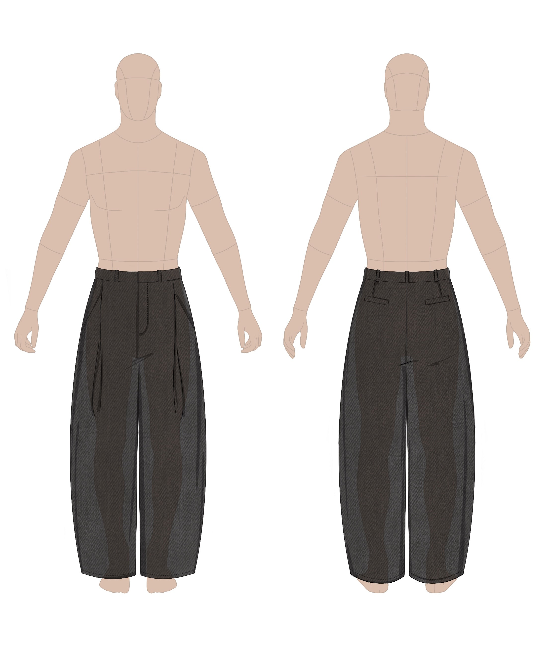 Men's pleated pants sewing pattern 0103 – technical flat sketch, front and back view, EU sizes 46–56