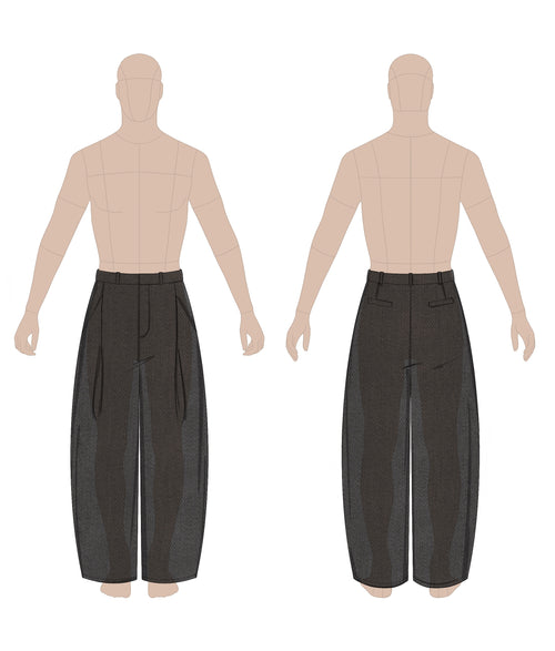 Men's pleated pants sewing pattern 0103 – technical flat sketch, front and back view, EU sizes 46–56