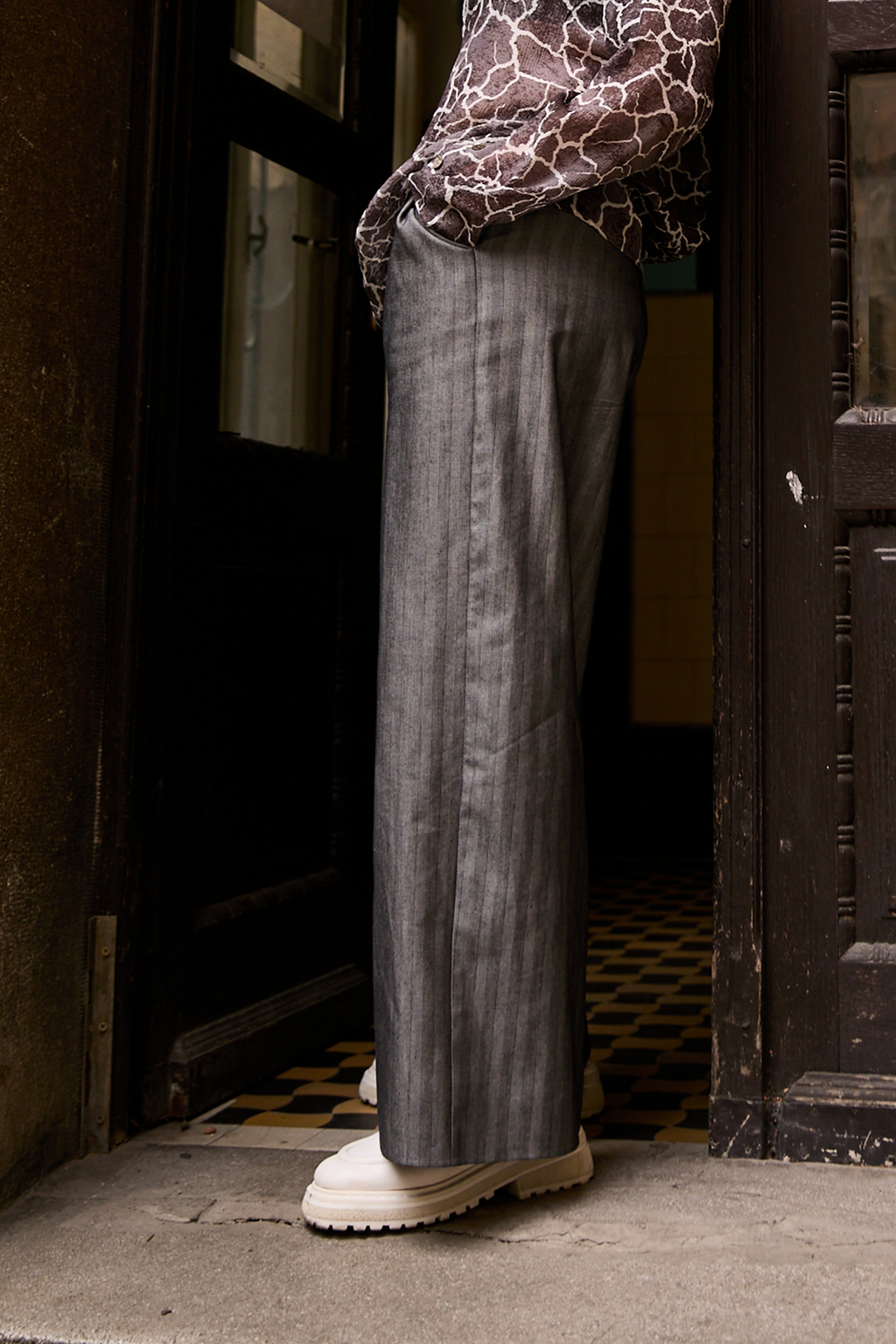 Side view of pleated pants pattern from Patternalism sewing pattern #0107
