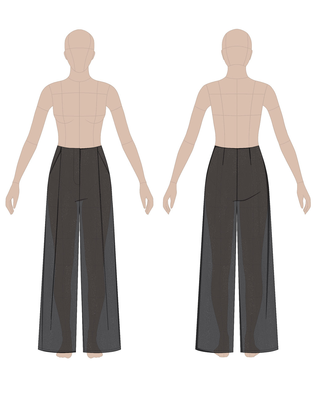 Women's pleated pants sewing pattern 0107 – technical flat sketch, front and back view, EU sizes 36–46