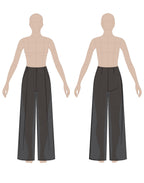 Women's pleated pants sewing pattern 0107 – technical flat sketch, front and back view, EU sizes 36–46