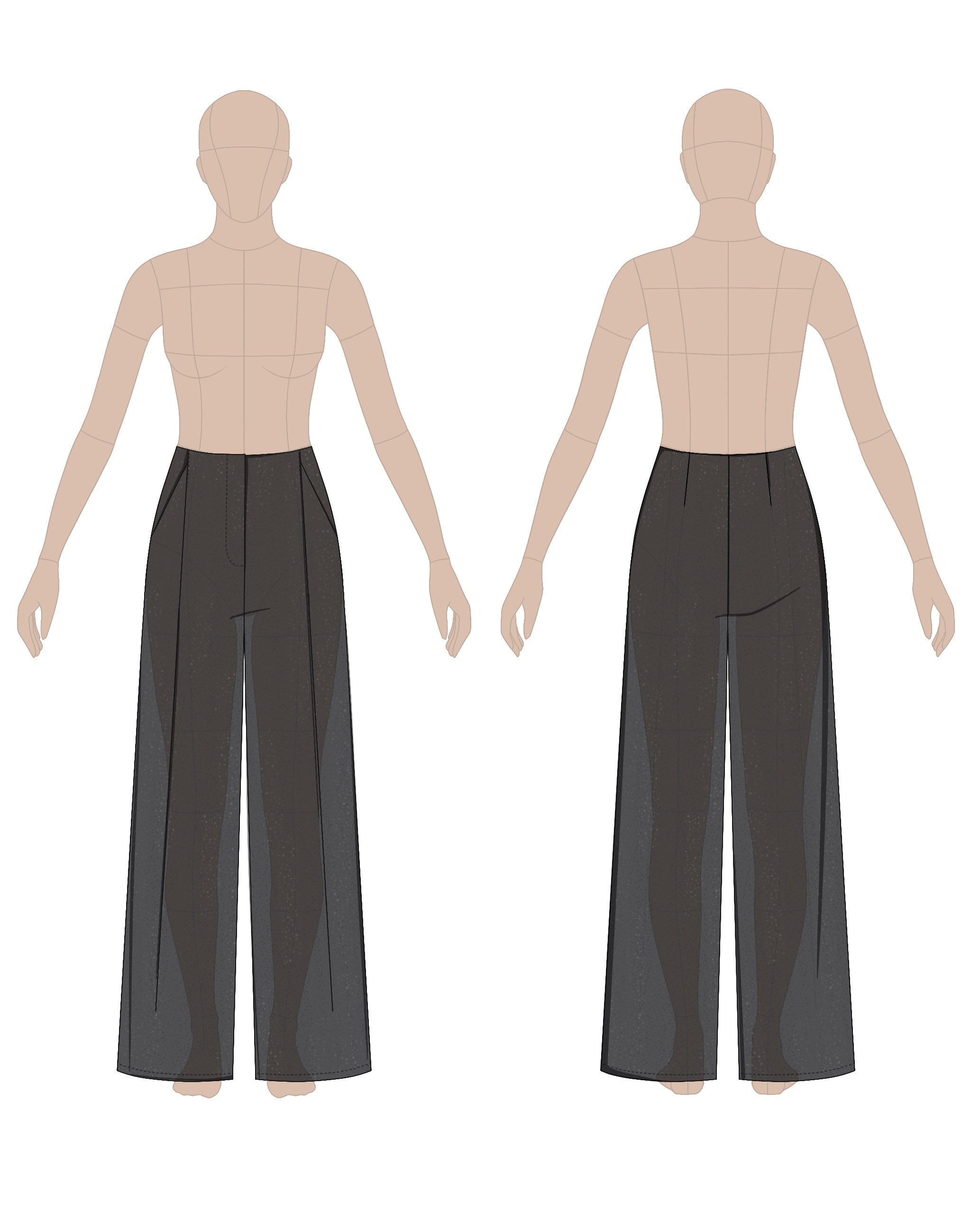 Women's pleated pants sewing pattern 0107 – technical flat sketch, front and back view, EU sizes 36–46