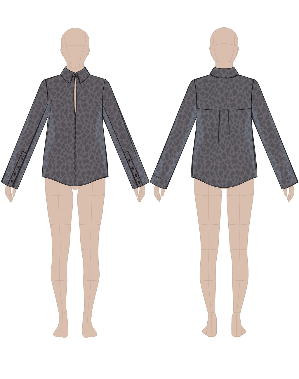 Women's shirt sewing pattern 0106 – technical flat sketch, front and back view, EU sizes 36–46