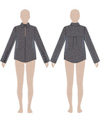 Women's shirt sewing pattern 0106 – technical flat sketch, front and back view, EU sizes 36–46
