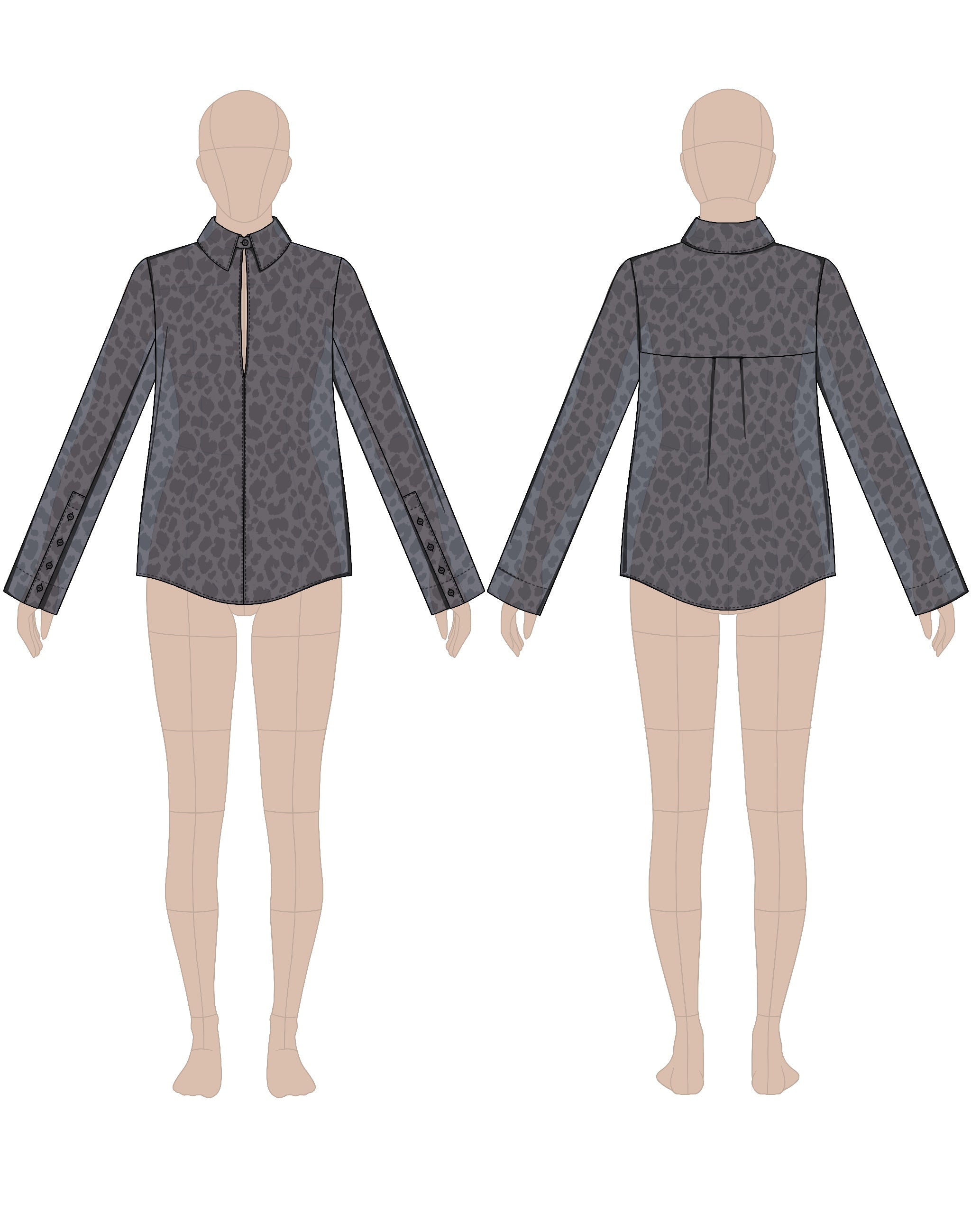 Women's shirt sewing pattern 0106 – technical flat sketch, front and back view, EU sizes 36–46